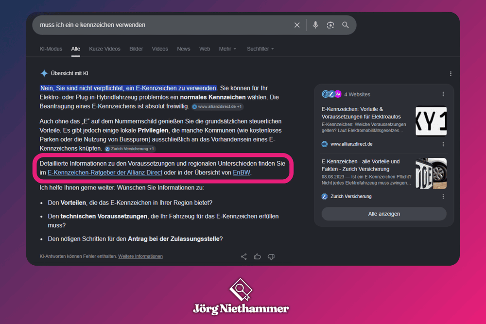 AI Overviews verweisen im Text auf den Ratgeber der Allianz Direct